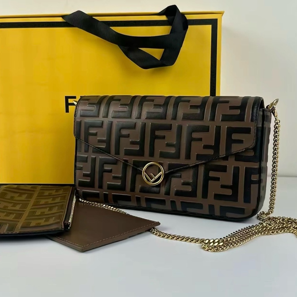 Fendi Brown FF Embossed Leather Shoulder Bag with Gold Chain